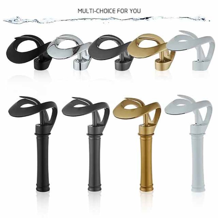 Black Bathroom Sink Mixer Faucet Waterfall Spout, Brass Basin Taps Single Handle One Hole Vessel Bathroom Tap with Hot and Cold Switch Golden Grey Chrome