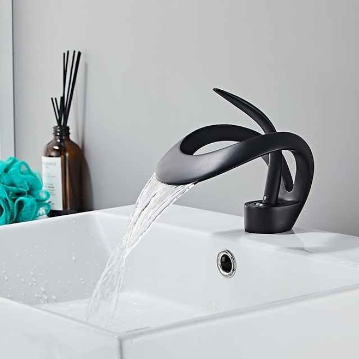 Black Bathroom Sink Mixer Faucet Waterfall Spout, Brass Basin Taps Single Handle One Hole Vessel Bathroom Tap with Hot and Cold Switch Golden Grey Chrome