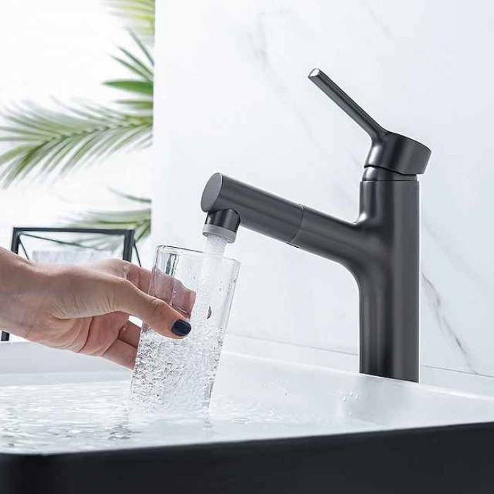 Bathroom Sink Mixer Vessel Faucet Pull Out with 2 Mode Spout Sprayer, Single Handle Pull Down Basin Taps Deck Mounted