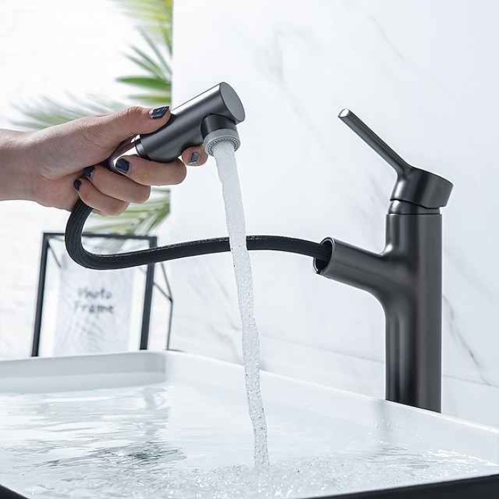 Bathroom Sink Mixer Vessel Faucet Pull Out with 2 Mode Spout Sprayer, Single Handle Pull Down Basin Taps Deck Mounted