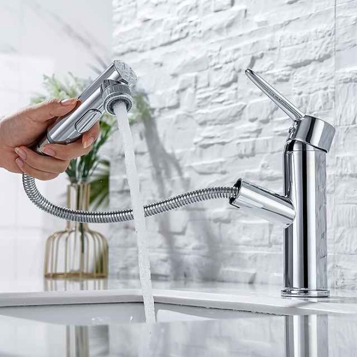 Bathroom Sink Mixer Faucet Pull Out Sprayer 2 Mode Spout with Stop Button, Single Handle Washroom Basin Taps Mono with Cold and Hot Hose Chrome Black Golden