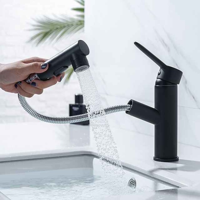 Bathroom Sink Mixer Faucet Pull Out Sprayer 2 Mode Spout with Stop Button, Single Handle Washroom Basin Taps Mono with Cold and Hot Hose Chrome Black Golden