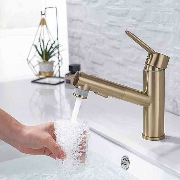 Bathroom Sink Mixer Faucet Pull Out Sprayer 2 Mode Spout with Stop Button, Single Handle Washroom Basin Taps Mono with Cold and Hot Hose Chrome Black Golden