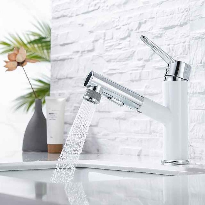 Bathroom Sink Mixer Faucet Pull Out Sprayer 2 Mode Spout with Stop Button, Single Handle Washroom Basin Taps Mono with Cold and Hot Hose Chrome Black Golden