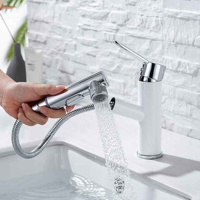 Bathroom Sink Mixer Faucet Pull Out Sprayer 2 Mode Spout with Stop Button, Single Handle Washroom Basin Taps Mono with Cold and Hot Hose Chrome Black Golden