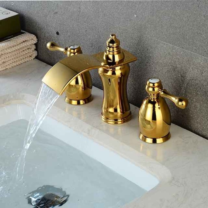 Widespread Bathroom Sink Faucet,Two Handle Three Holes Waterfall Electroplated Bath Taps