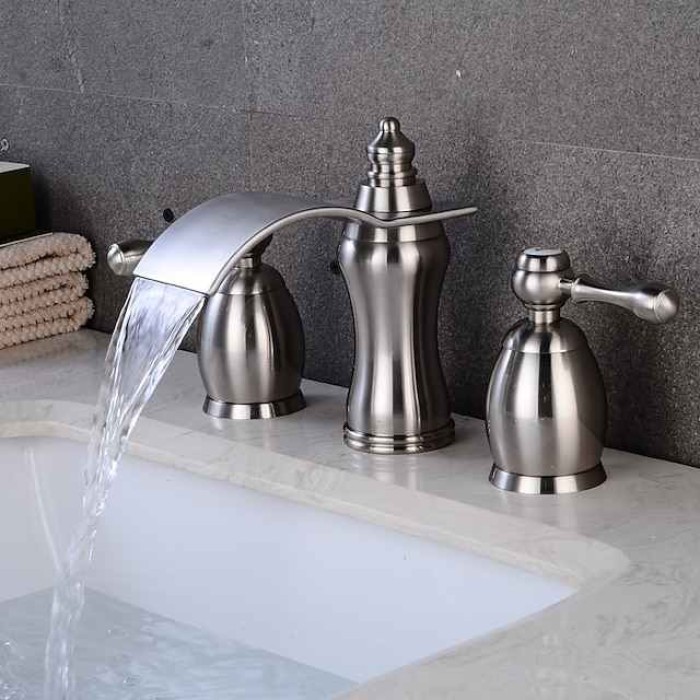 Widespread Bathroom Sink Faucet,Two Handle Three Holes Waterfall Electroplated Bath Taps