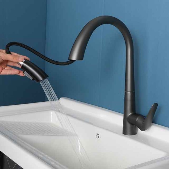 Kitchen Faucet with Pull-out Spray 360° Rotated Single Handle One Hole Minimalist Modern Contemporary Kitchen Taps