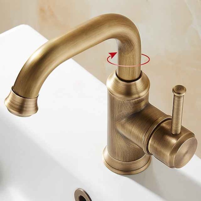 Bathroom Sink Mixer Faucet Vintage Deck Mounted, 360 Swivel Rotatable Single Handle One Hole Monobloc Washroom Basin Taps with Hot and Cold Water Hose Antique Brass ORB