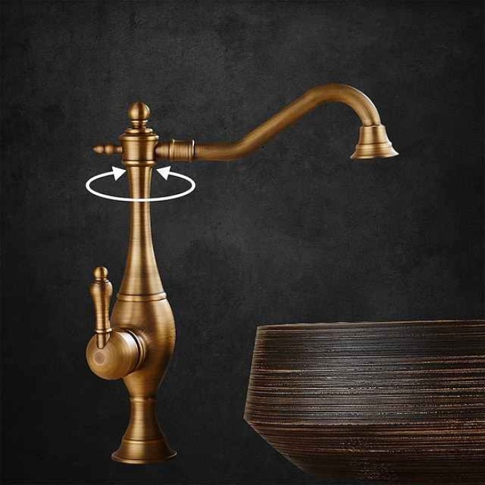 Kitchen Faucet,High Arc Single Handle One Hole Rotatable Standard Spout Retro Kitchen Taps(Antique Brass/ORB)