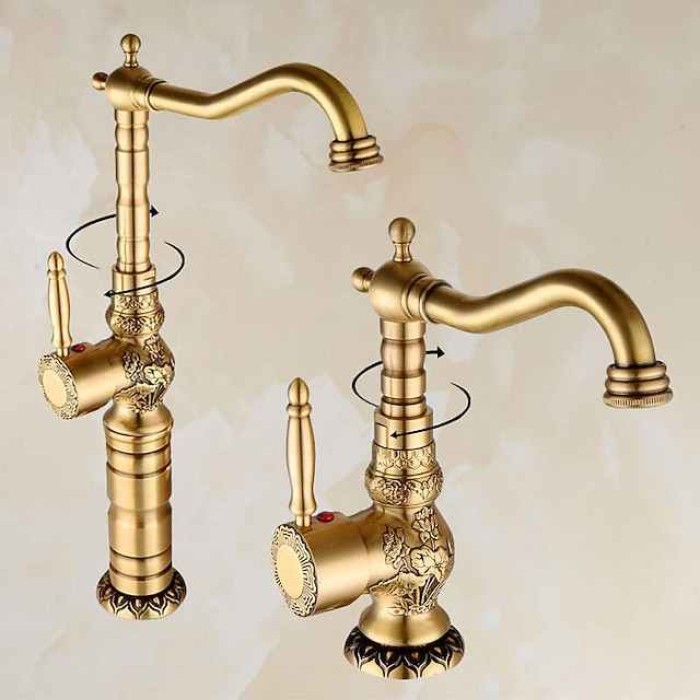 Kitchen faucet - Single Handle One Hole Antique Brass Standard Spout Centerset Retro Vintage Kitchen Taps