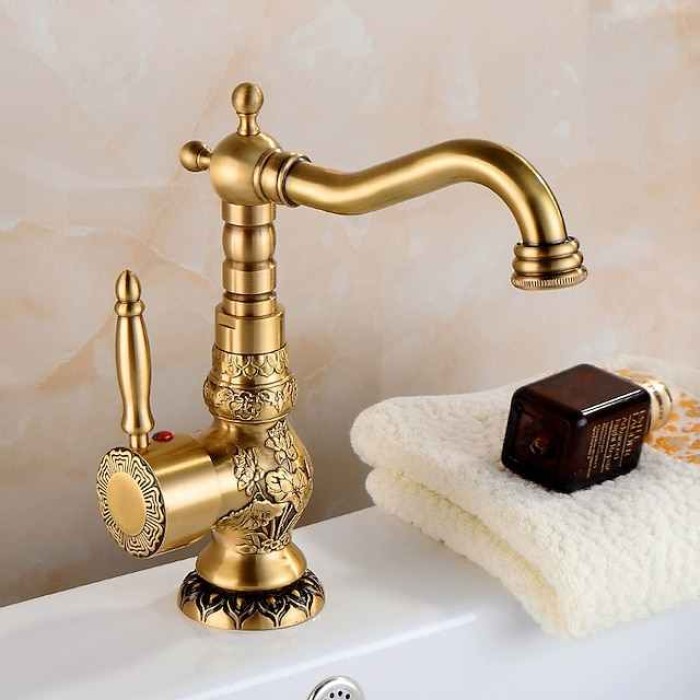 Kitchen faucet - Single Handle One Hole Antique Brass Standard Spout Centerset Retro Vintage Kitchen Taps