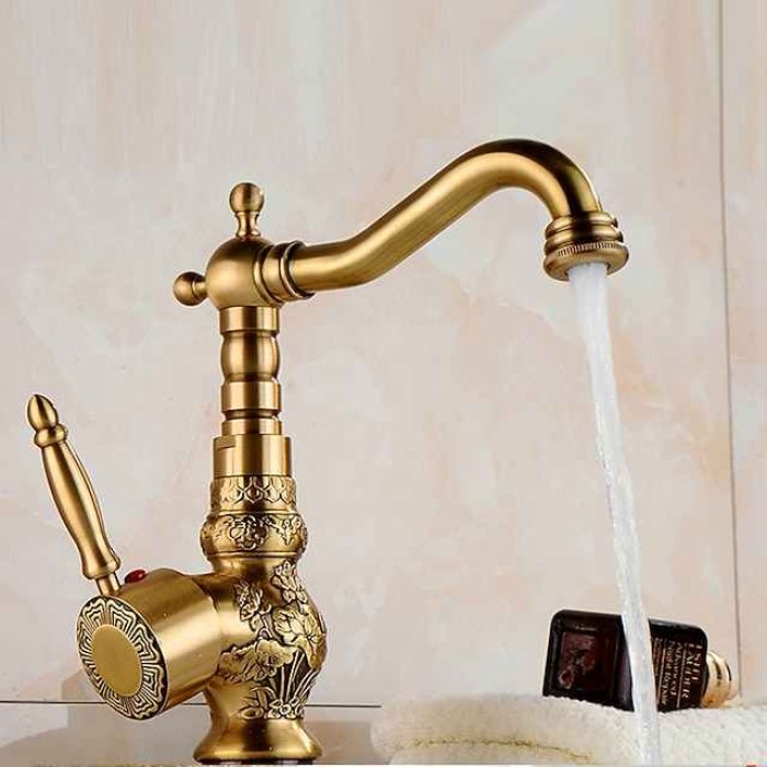 Kitchen faucet - Single Handle One Hole Antique Brass Standard Spout Centerset Retro Vintage Kitchen Taps