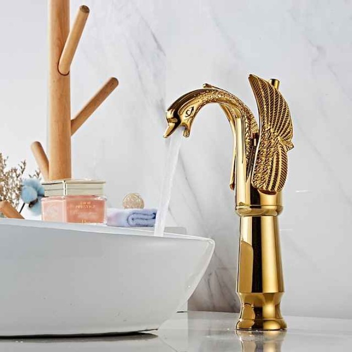 Retro Bathroom Sink Mixer Faucet Brass Swan Shap, Monobloc Washroom Basin Taps Single Handle One Hole Deck Mounted, Mono Water Vessel Tap Hot and Cold Hose Antique