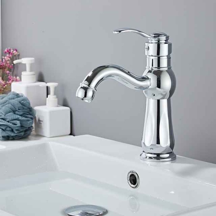 Bathroom Sink Faucet,Brass Contemporary Style Single Handle One Hole Bath Tap with Hot and Cold Switch