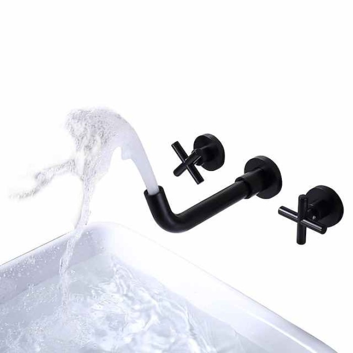 Matte Black/Chrome/Brushed Gold Bathroom Faucet Double Handle Wall Mount Bathroom Sink Faucet   With 360 Degree Rotating Spout