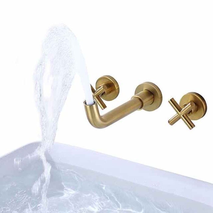 Matte Black/Chrome/Brushed Gold Bathroom Faucet Double Handle Wall Mount Bathroom Sink Faucet   With 360 Degree Rotating Spout