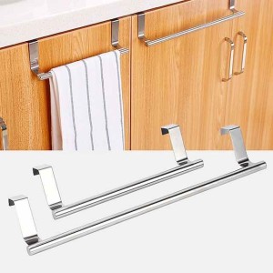 2 Pieces Punch Free Door Rear Hook Towel Rack Over Door Stainless Steel Single-bar Towel Rack Bathroom Kitchen Non-perforated Towel Rail Rag Rack Shelf Hanger