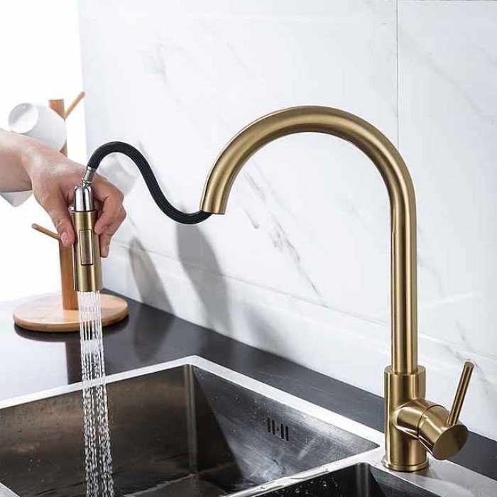 Kitchen Faucet with Pull-out Spray,Single Handle One Hole 2-modes Brass Kitchen Taps