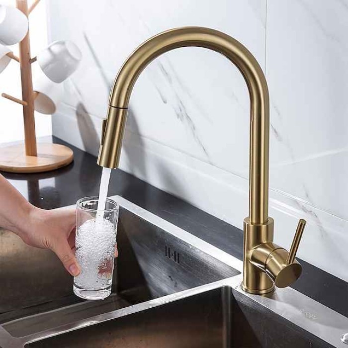 Kitchen Faucet with Pull-out Spray,Single Handle One Hole 2-modes Brass Kitchen Taps