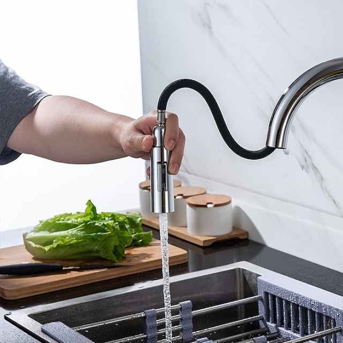 Kitchen Faucet with Pull-out Spray,Single Handle One Hole 2-modes Brass Kitchen Taps