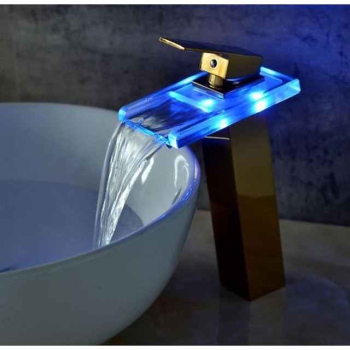 Temperature control LED Bathroom Sink Faucet,Tall Body Golden Basin Tap Single Handle One Hole Bath Tap