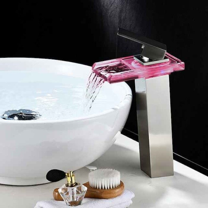 Temperature control LED Bathroom Sink Faucet,Tall Body Golden Basin Tap Single Handle One Hole Bath Tap