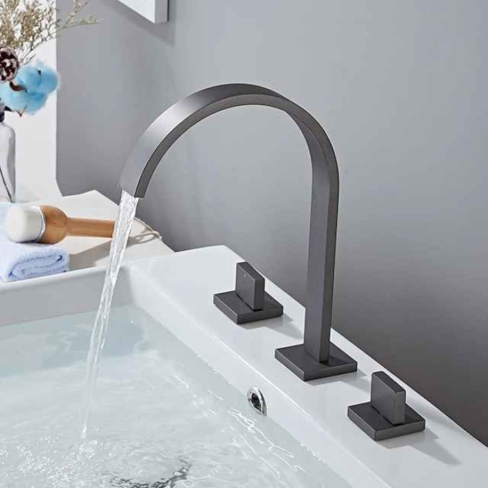 Widespread Bathroom Sink Mixer Faucet, High Arc Basin Taps 3 Hole 2 Handle Basin Tap Deck Mounted, Y-shape Quick Connect ashroom Vessel Water Tap with Cold Hot Hose