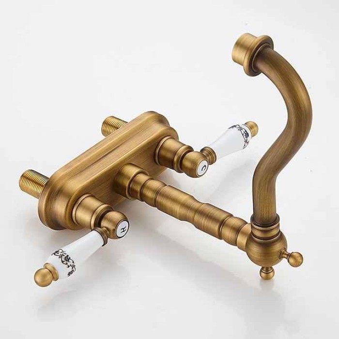 Antique Brass Centerset Faucet Two Handle, 360° Swivel Cross Knobs, Basin Mixer Tap Three Holes, Swivel Centerset Bathroom Sink Faucet