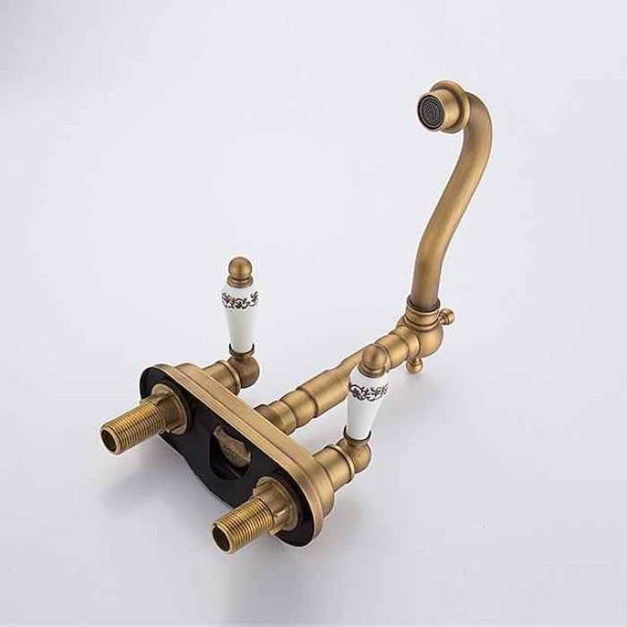 Antique Brass Centerset Faucet Two Handle, 360° Swivel Cross Knobs, Basin Mixer Tap Three Holes, Swivel Centerset Bathroom Sink Faucet