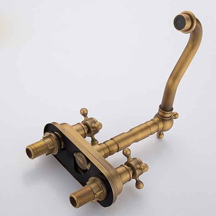 Antique Brass Centerset Faucet Two Handle, 360° Swivel Cross Knobs, Basin Mixer Tap Three Holes, Swivel Centerset Bathroom Sink Faucet