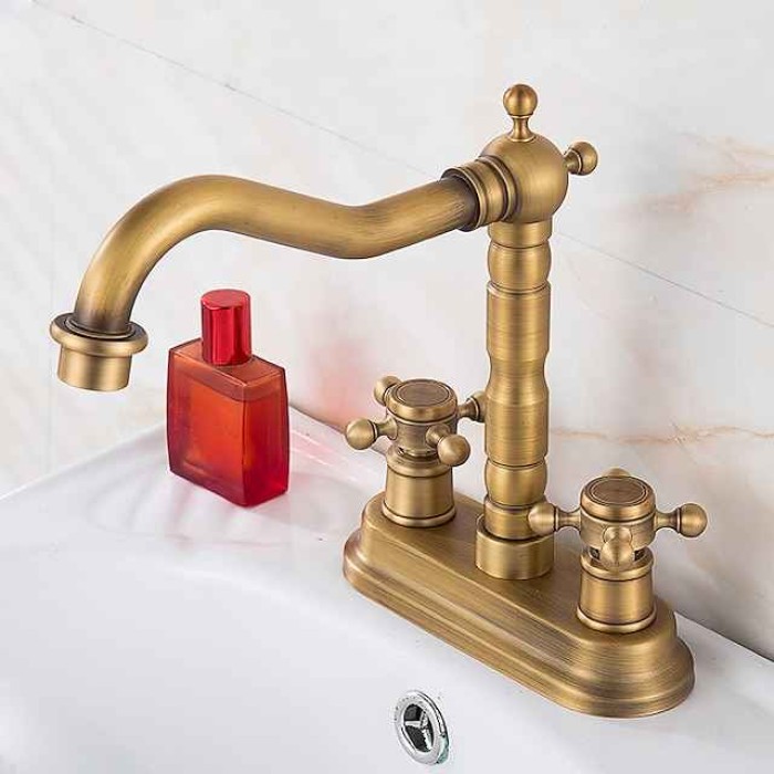 Antique Brass Centerset Faucet Two Handle, 360° Swivel Cross Knobs, Basin Mixer Tap Three Holes, Swivel Centerset Bathroom Sink Faucet