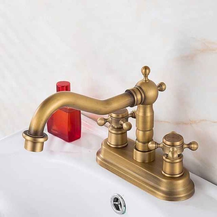 Antique Brass Centerset Faucet Two Handle, 360° Swivel Cross Knobs, Basin Mixer Tap Three Holes, Swivel Centerset Bathroom Sink Faucet