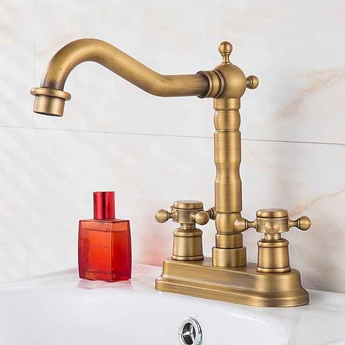 Antique Brass Centerset Faucet Two Handle, 360° Swivel Cross Knobs, Basin Mixer Tap Three Holes, Swivel Centerset Bathroom Sink Faucet