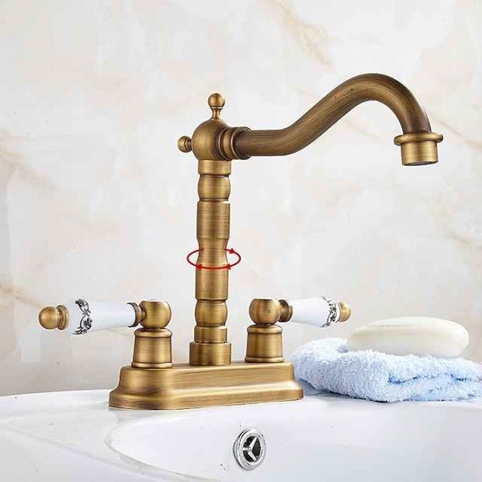 Antique Brass Centerset Faucet Two Handle, 360° Swivel Cross Knobs, Basin Mixer Tap Three Holes, Swivel Centerset Bathroom Sink Faucet