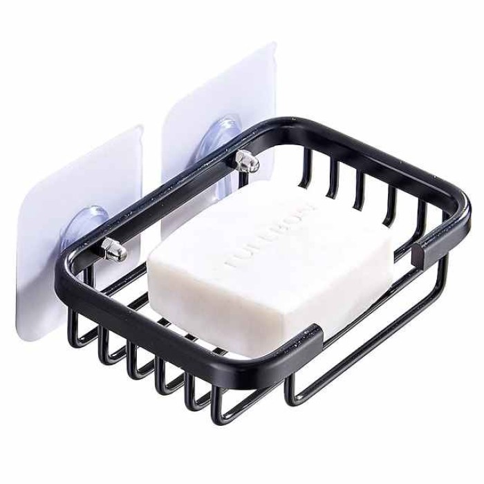 2pcs Soap Box Hole Free Space Aluminum Soap Box Soap Basket Soap Support Net Drainage Suction Cup Wall Hanging Storage Bathroom Soap Rack