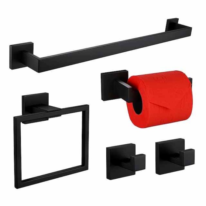 5 Pieces Bathroom Hardware Accessories Set Matte Black Towel Bar Set 2-Hooks Toilet Paper Holder Towel Ring Wall Mounted Stainless Steel 24-Inch Gold Brushed Chrome