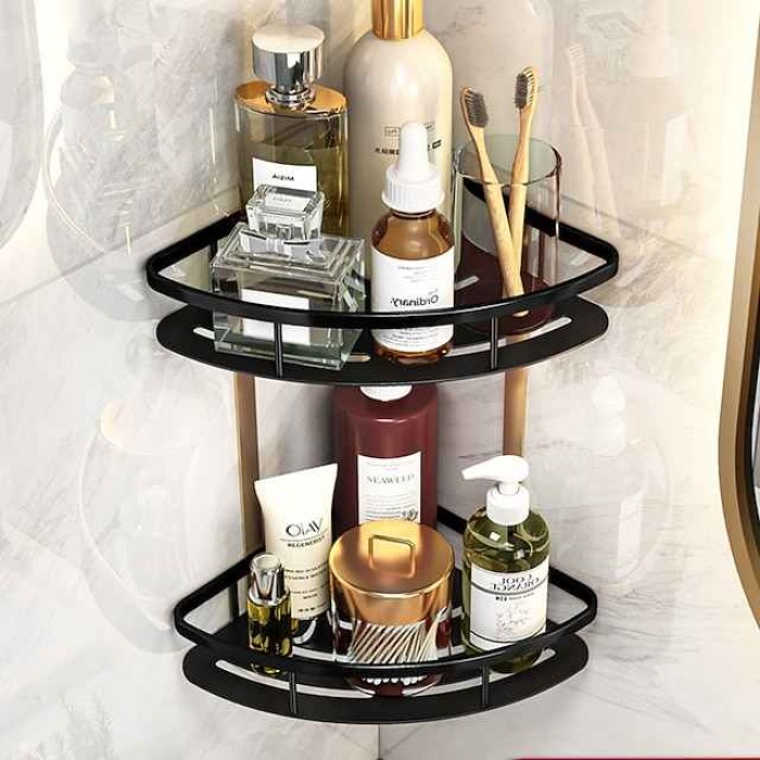 Bathroom Corner Shelf Bathroom Shower Caddy Organizer for Kitchen Toilet No Drilling 2-tier Bathroom Corner Shelves Shower Caddies(Black&Golden)