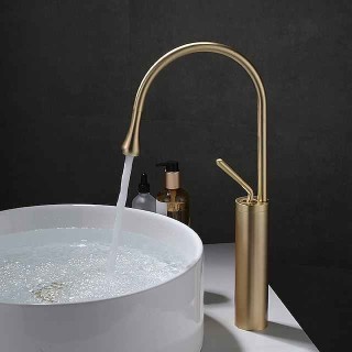 Bathroom Sink Mixer Faucet Brushed Gold Tall Deck Mounted, High Arc Vessel Tap Single Handle One Hole Standard Spout Wahsroom Basin Taps with Cold and Hot Water Hose