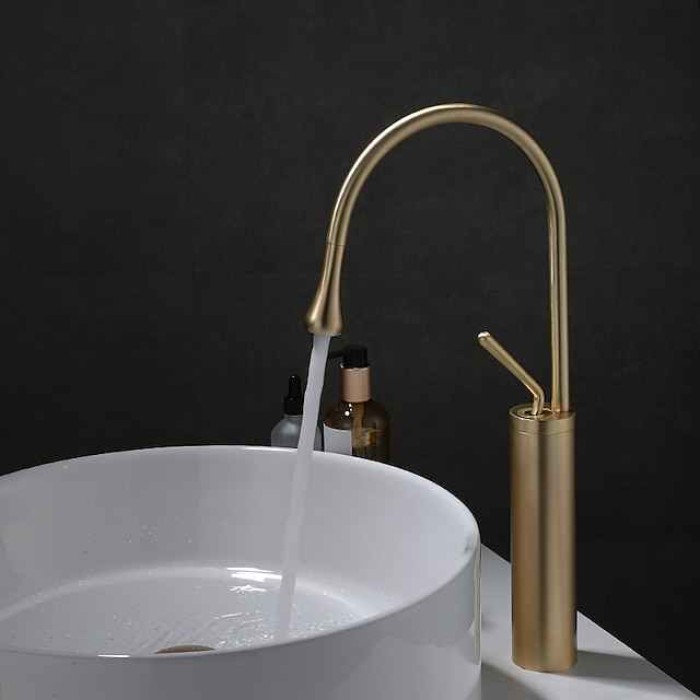 Bathroom Sink Mixer Faucet Brushed Gold Tall Deck Mounted, High Arc Vessel Tap Single Handle One Hole Standard Spout Wahsroom Basin Taps with Cold and Hot Water Hose