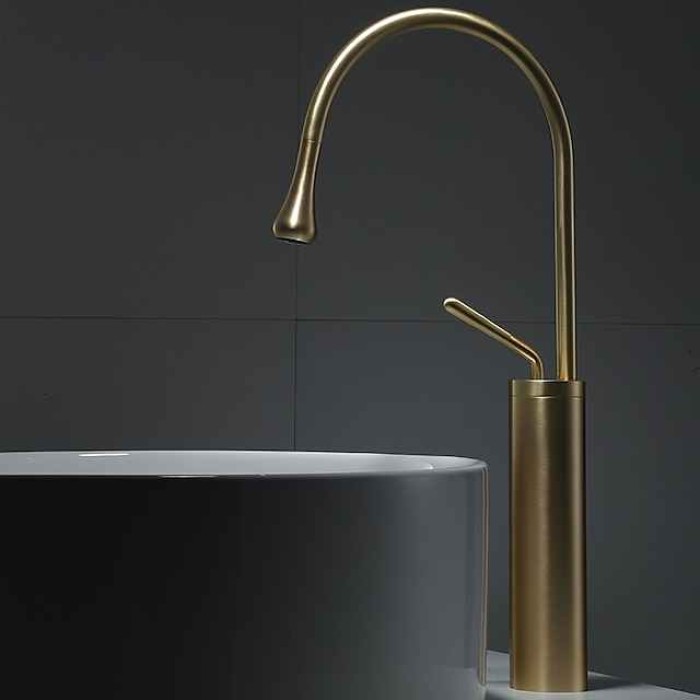 Bathroom Sink Mixer Faucet Brushed Gold Tall Deck Mounted, High Arc Vessel Tap Single Handle One Hole Standard Spout Wahsroom Basin Taps with Cold and Hot Water Hose