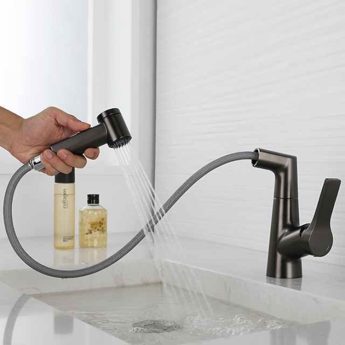 Bathroom Sink Faucet with Pull Out Spray,Brass Liftable 3-modes Electroplated / Painted Finishes Centerset Single Handle One Hole Lavatory Rotating Spout for Cold and Hot Water Bath Taps