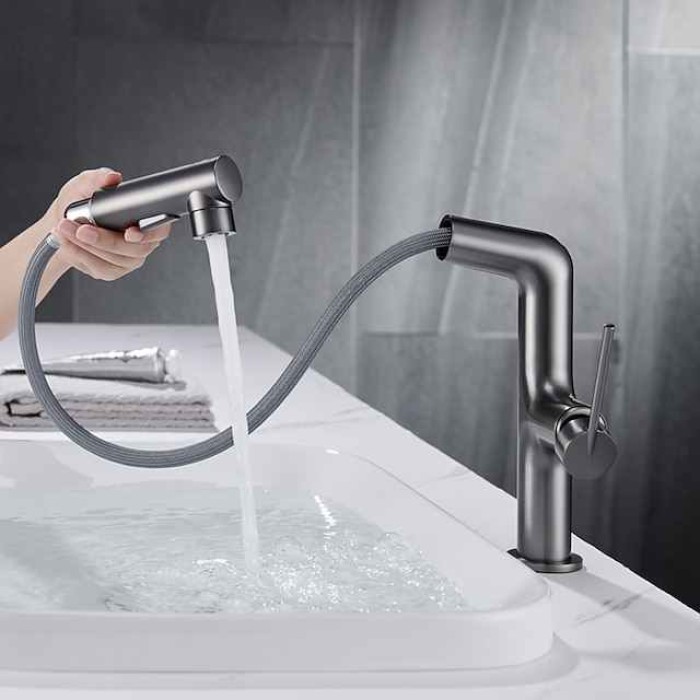 Bathroom Sink Faucet with Pull Out Spray,Brass 3-modes Electroplated / Painted Finishes Centerset Single Handle One Hole Lavatory Rotating Spout for Cold and Hot Water Bath Taps