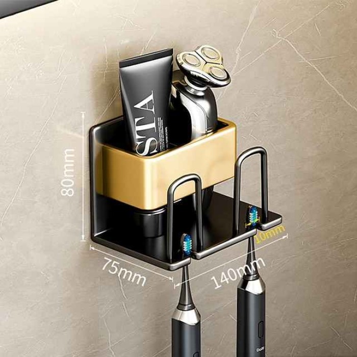 Toothbrush Holder Wall Mounted,Space Aluminium Black&Golden Toothbrush Rack Set for Bathroom Storage