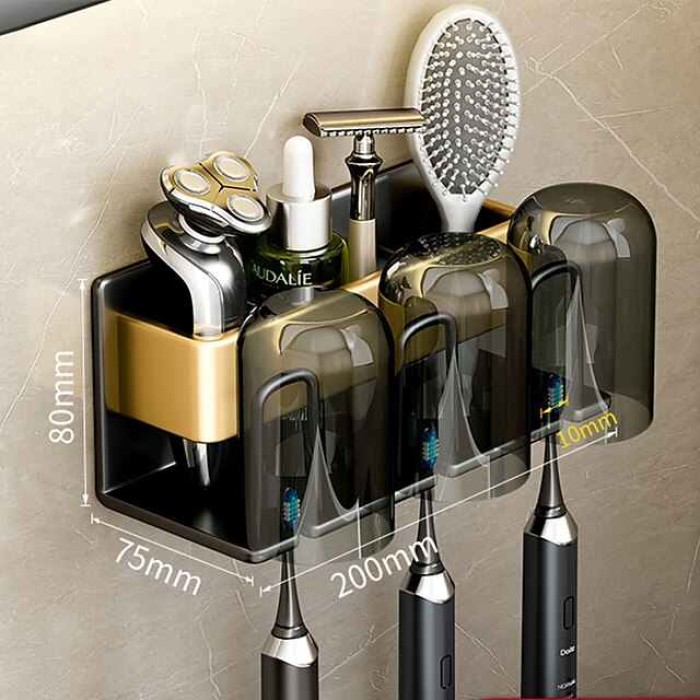 Toothbrush Holder Wall Mounted,Space Aluminium Black&Golden Toothbrush Rack Set for Bathroom Storage