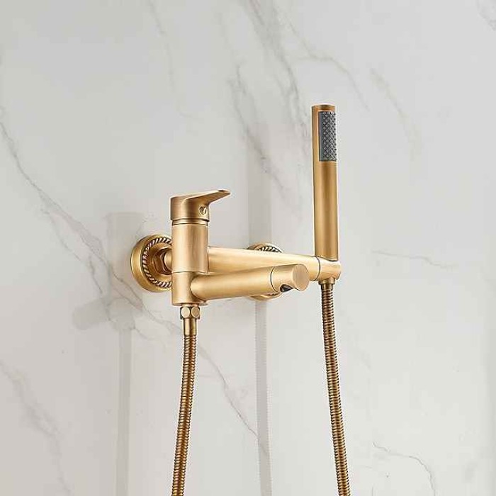 Vintage Bathtub Faucet Dual Spout Wall Mounted Golden, Bath Tub Filler Mixer Brass Tap with Heldhand Showerhand, Ceramic Valve Single Handle Control