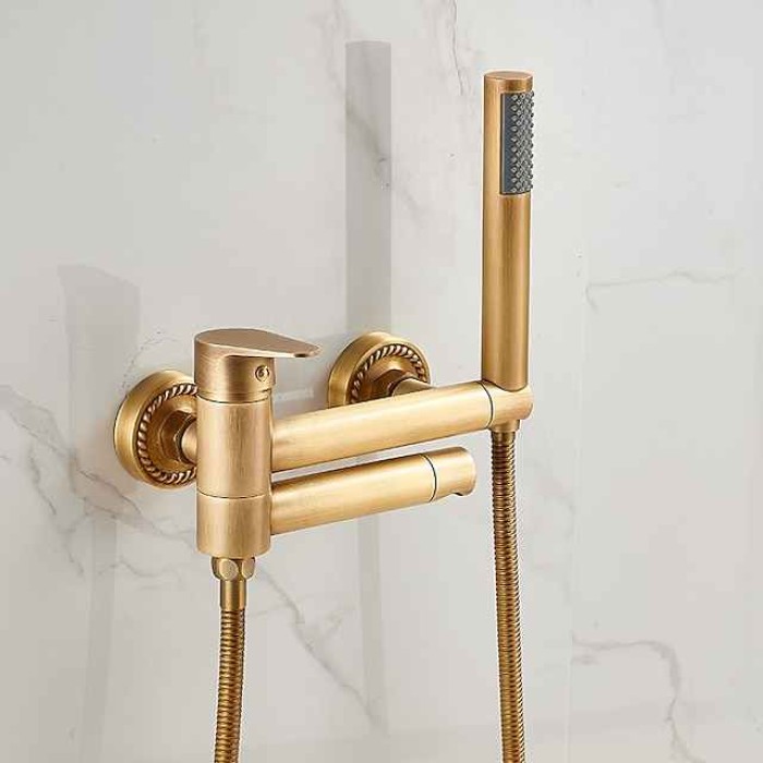 Vintage Bathtub Faucet Dual Spout Wall Mounted Golden, Bath Tub Filler Mixer Brass Tap with Heldhand Showerhand, Ceramic Valve Single Handle Control