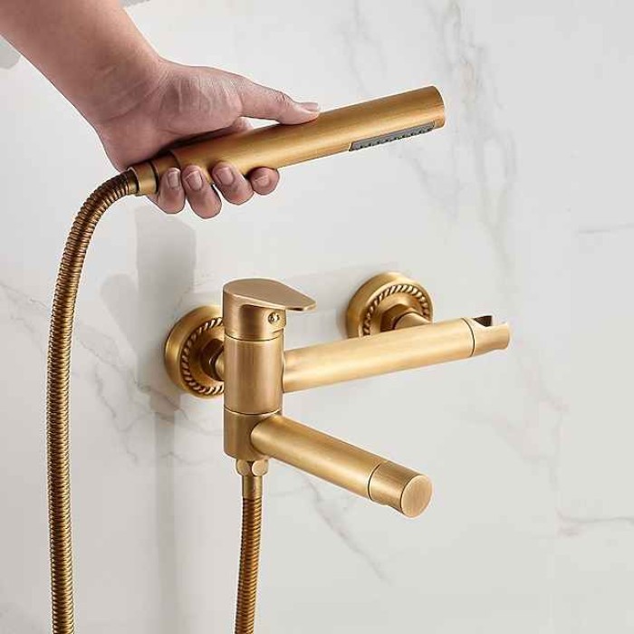 Vintage Bathtub Faucet Dual Spout Wall Mounted Golden, Bath Tub Filler Mixer Brass Tap with Heldhand Showerhand, Ceramic Valve Single Handle Control