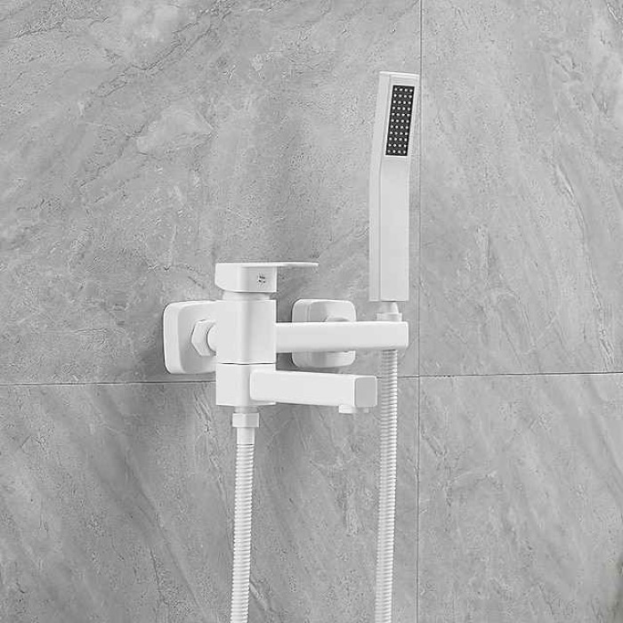 Bathtub Faucet Dual Spout Wall Mounted White, Bath Tub Filler Mixer Brass Tap with Heldhand Showerhand, Ceramic Valve Single Handle Control