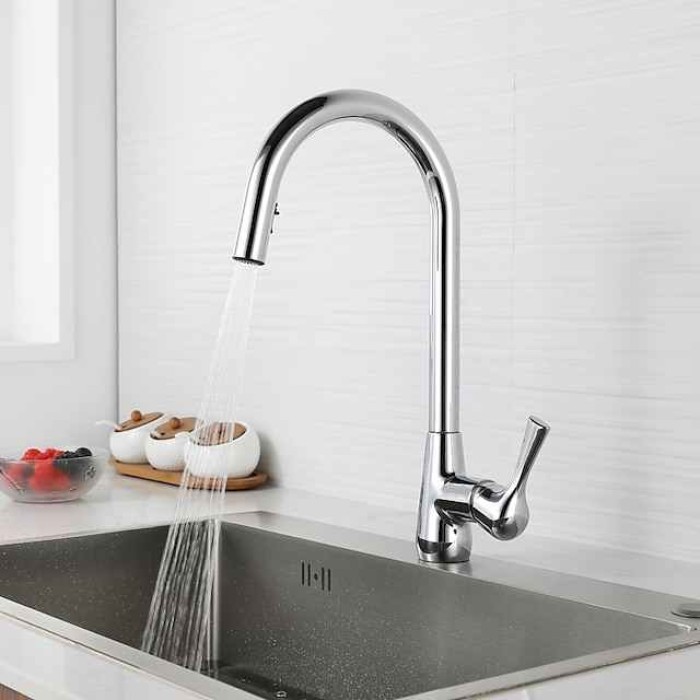 Kitchen Faucet with Pull-out Spray - Single Handle One Hole Electroplated / Painted Finishes Pull-out / Pull-down / Standard Spout / Tall / High Arc Centerset Modern Contemporary Kitchen Taps